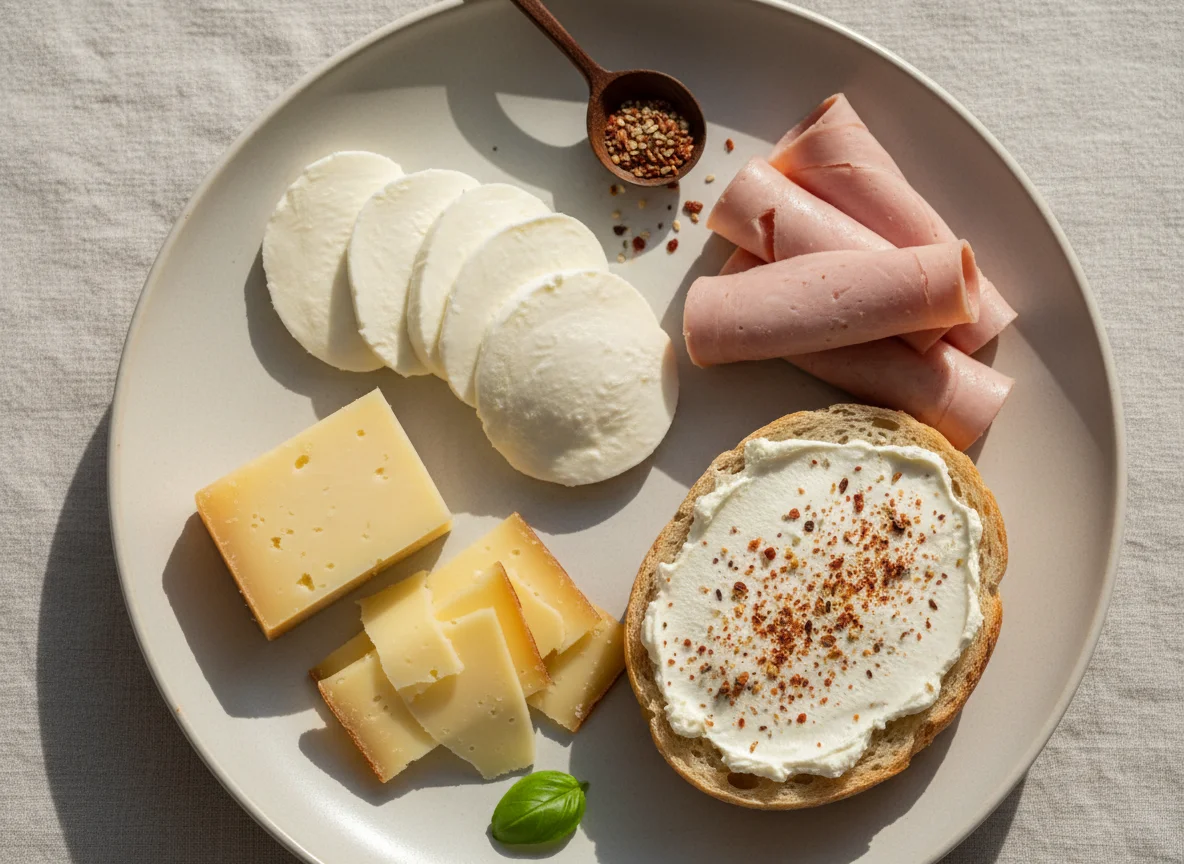 Frühstücksteller mit Brötchen und Käse photo