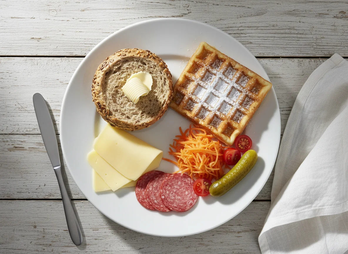 Frühstücksteller mit Brötchen und Salat photo