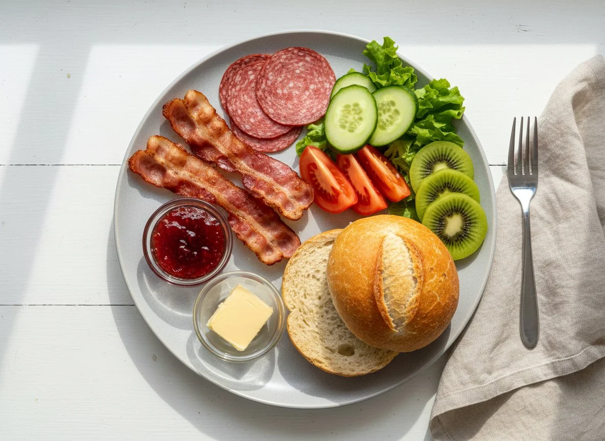 Frühstücksteller mit Brötchen, Wurst, Speck, Salat und Kiwi photo