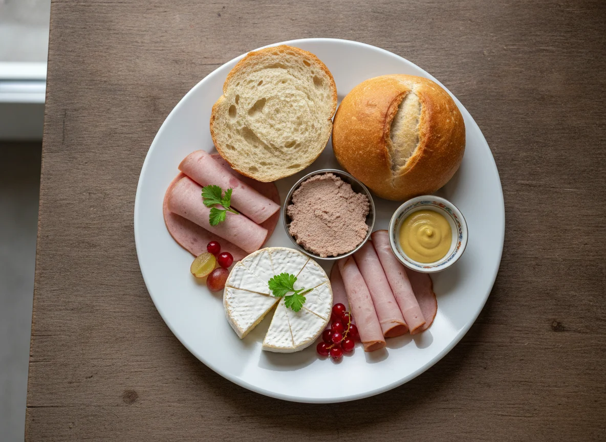 Frühstücksteller mit Brötchen, Wurst und Käse photo