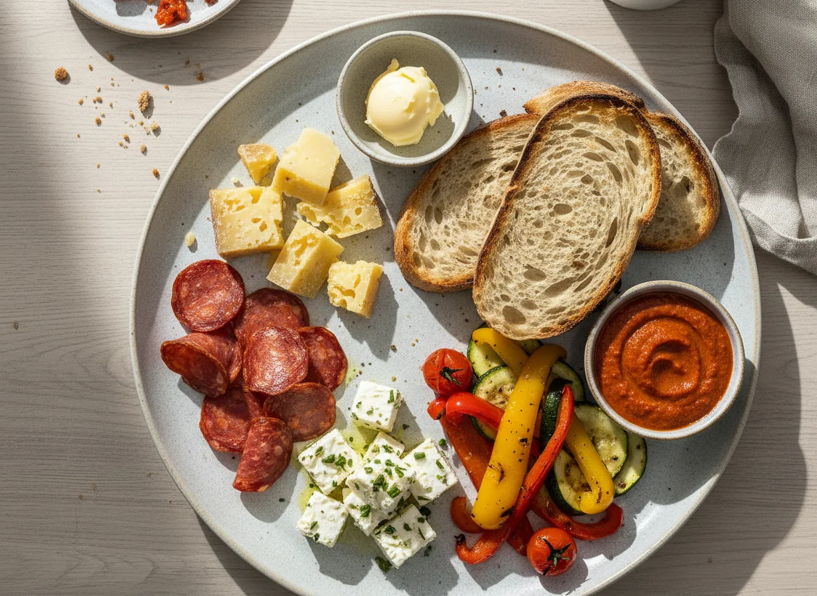 Frühstücksteller mit Chorizo, Käse und Brot photo