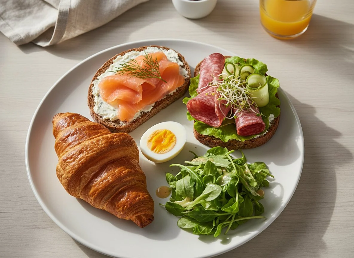 Frühstücksteller mit Croissant und belegten Broten photo