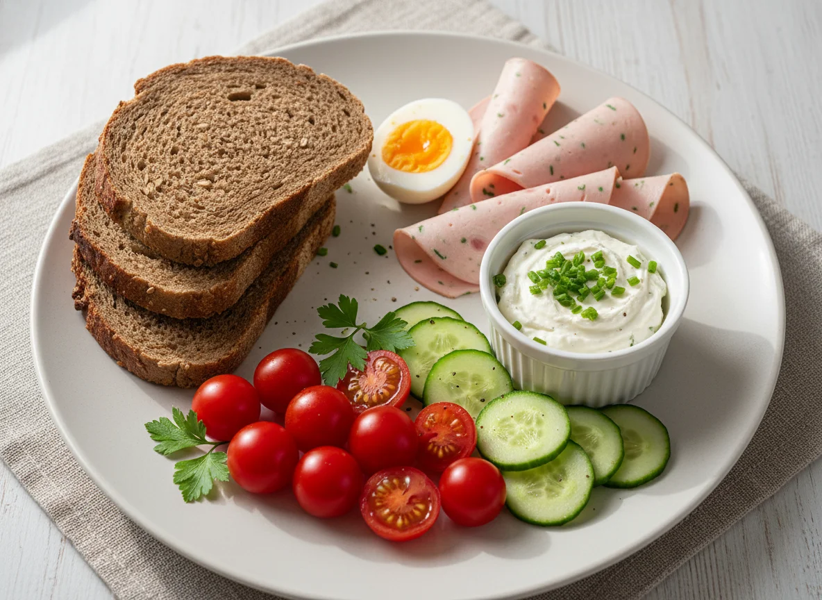 Frühstücksteller mit Dinkelbrot, Wurst, Ei und Gemüse photo
