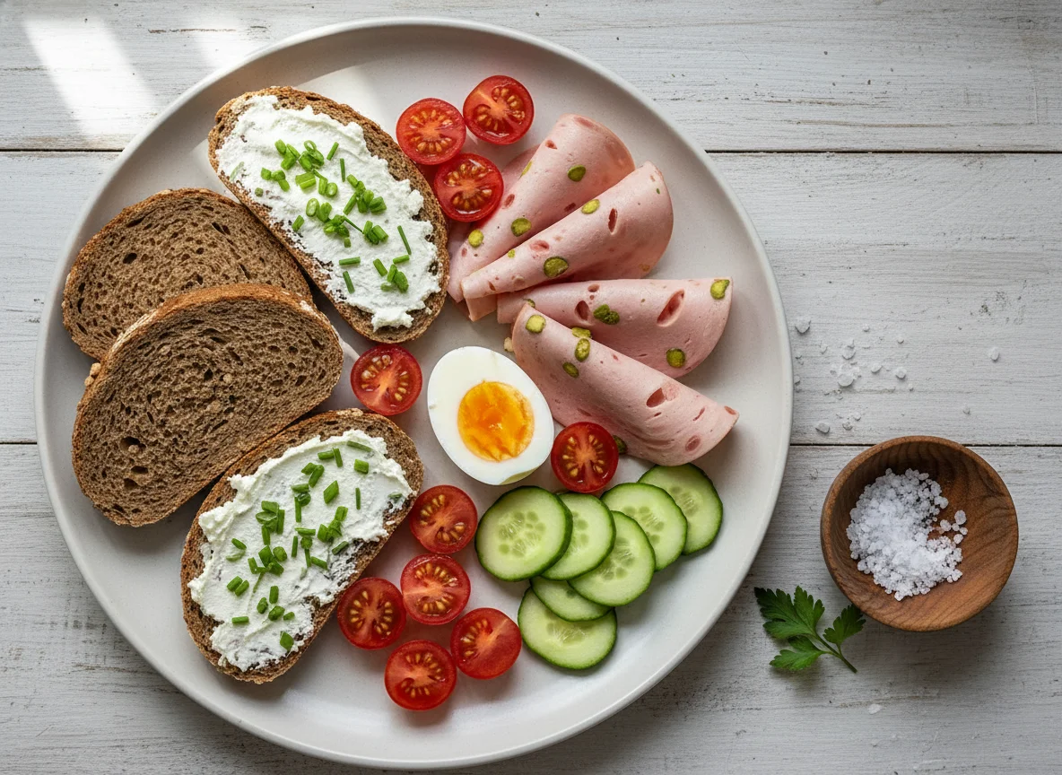 Frühstücksteller mit dunklem Brot, Wurst, Ei und Gemüse photo