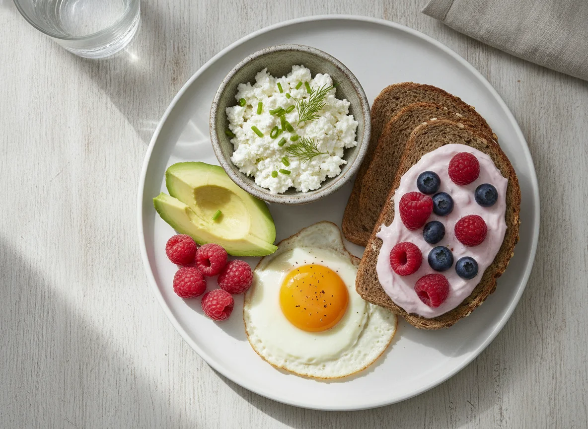 Frühstücksteller mit Ei, Avocado, Hüttenkäse, Brot und Beeren photo