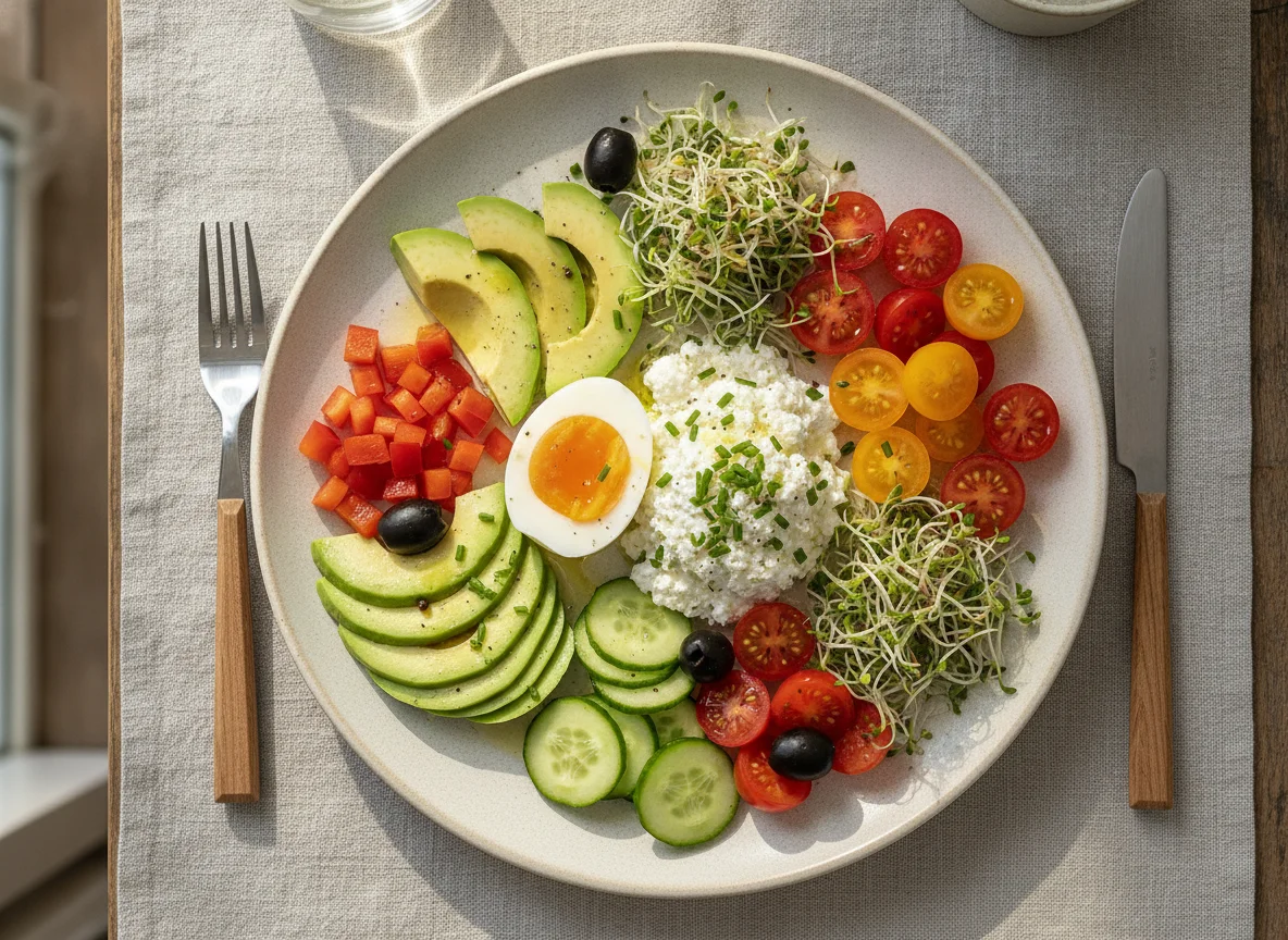 Frühstücksteller mit Ei, Avocado und Hüttenkäse photo