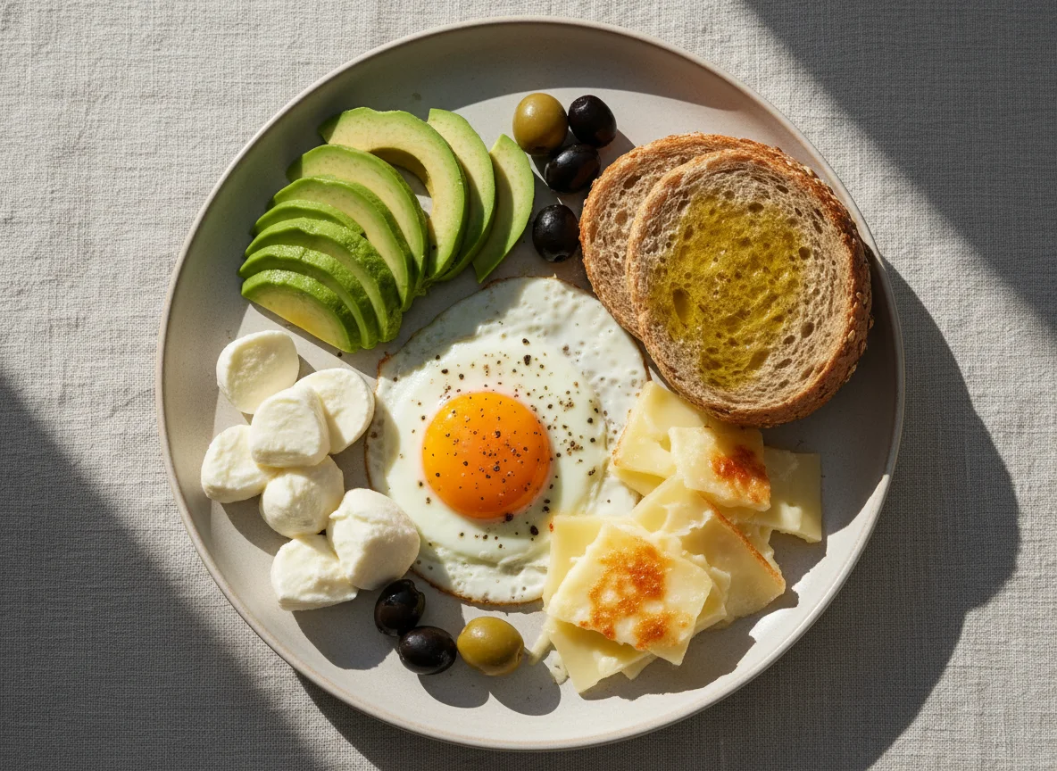 Frühstücksteller mit Ei, Avocado und Käse photo