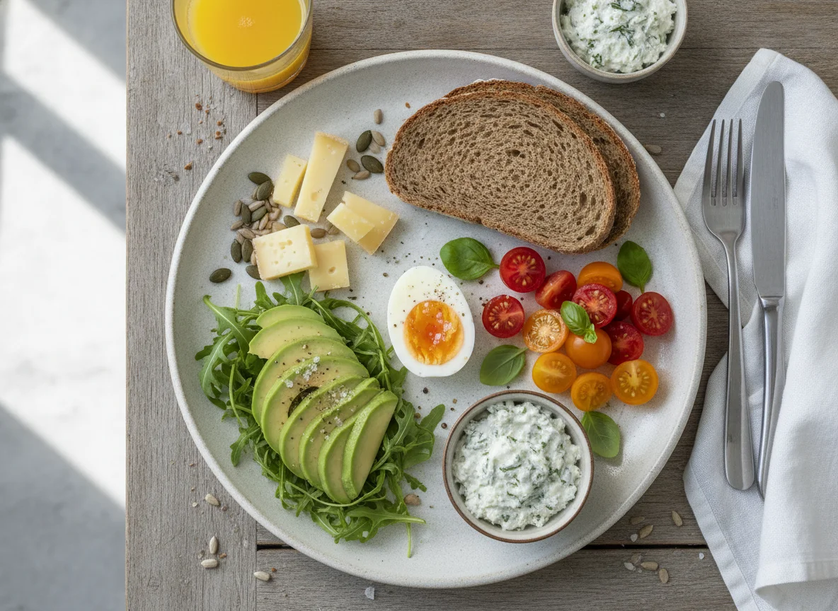 Frühstücksteller mit Ei, Avocado und Tomaten photo