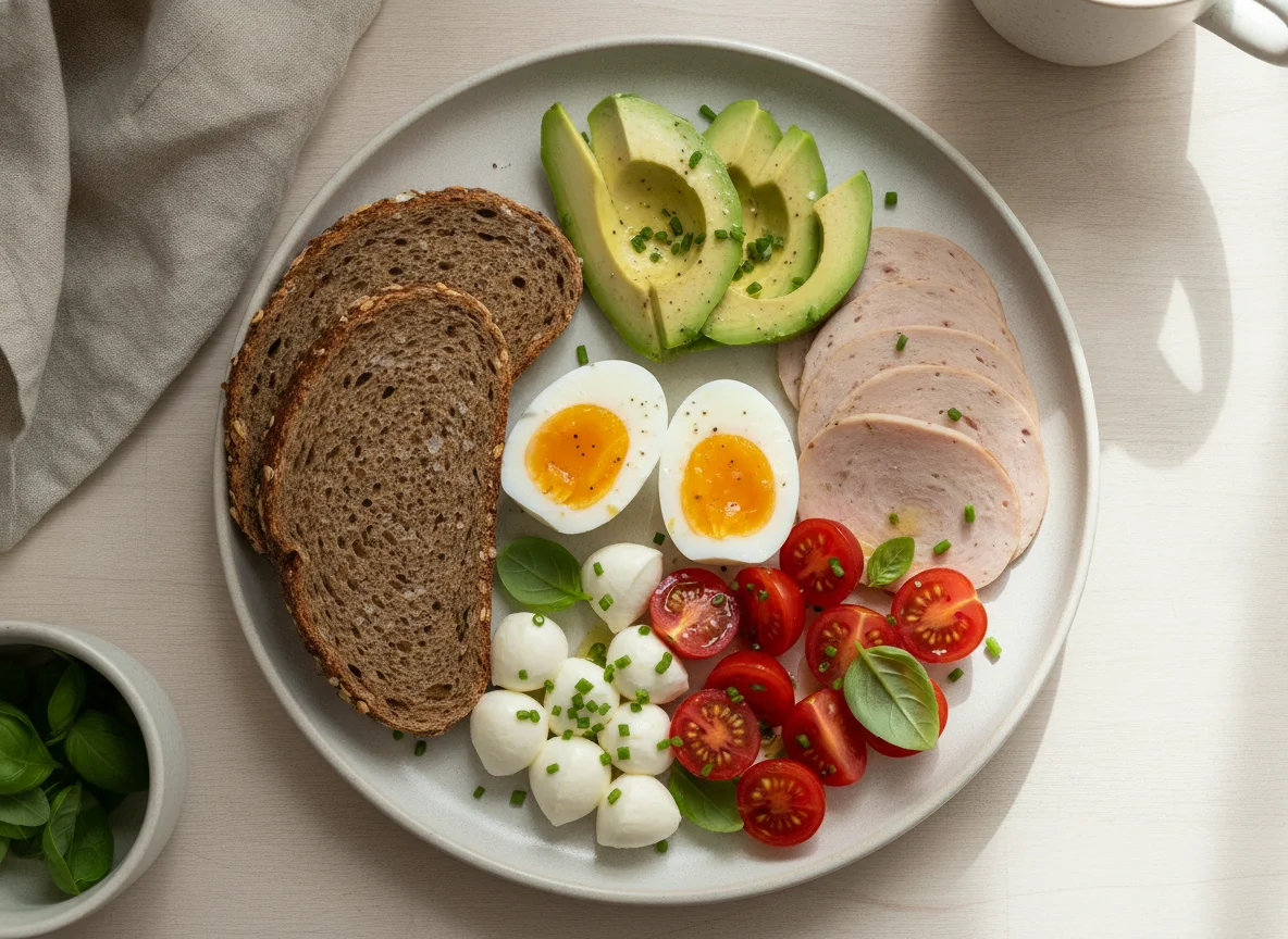 Frühstücksteller mit Ei, Avocado und Vollkornbrot photo