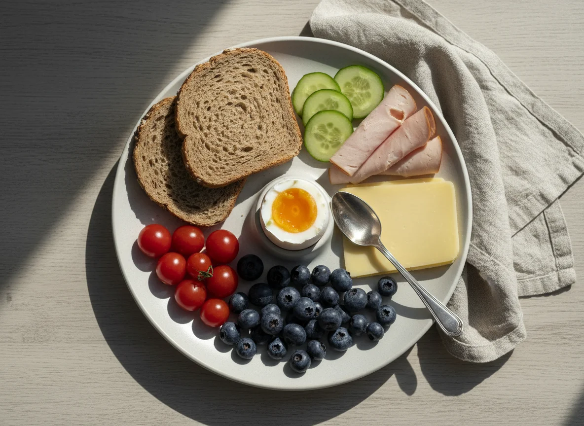 Frühstücksteller mit Ei, Brot und Beeren photo