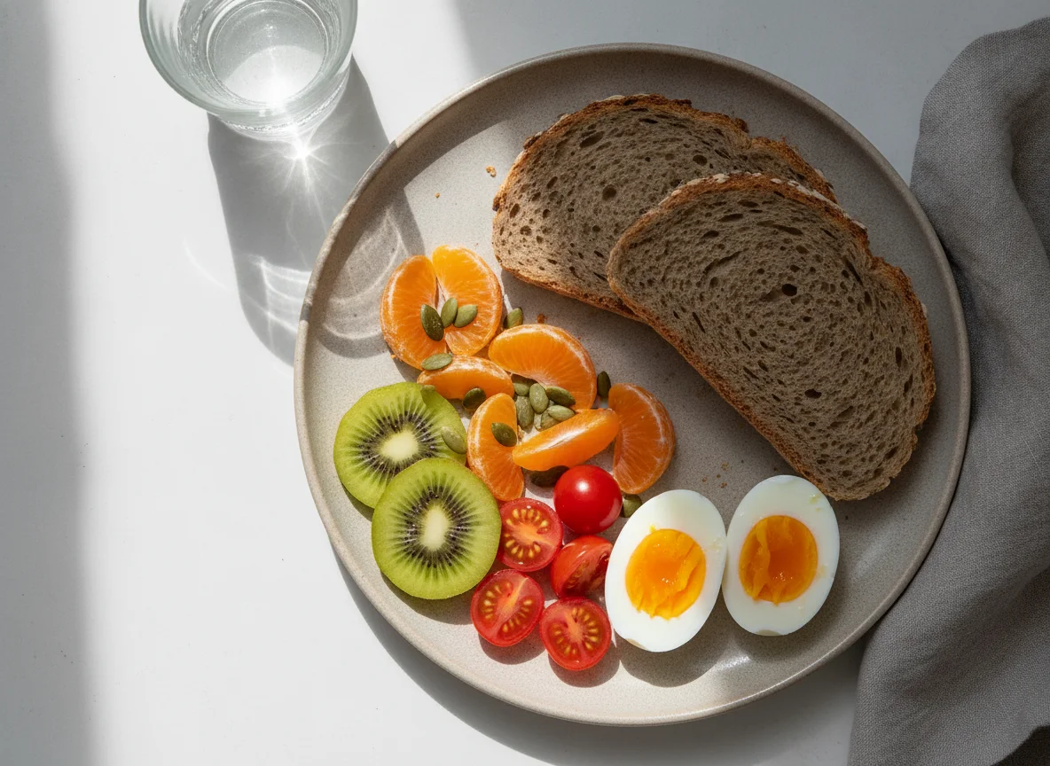 Frühstücksteller mit Ei, Brot und Obst photo