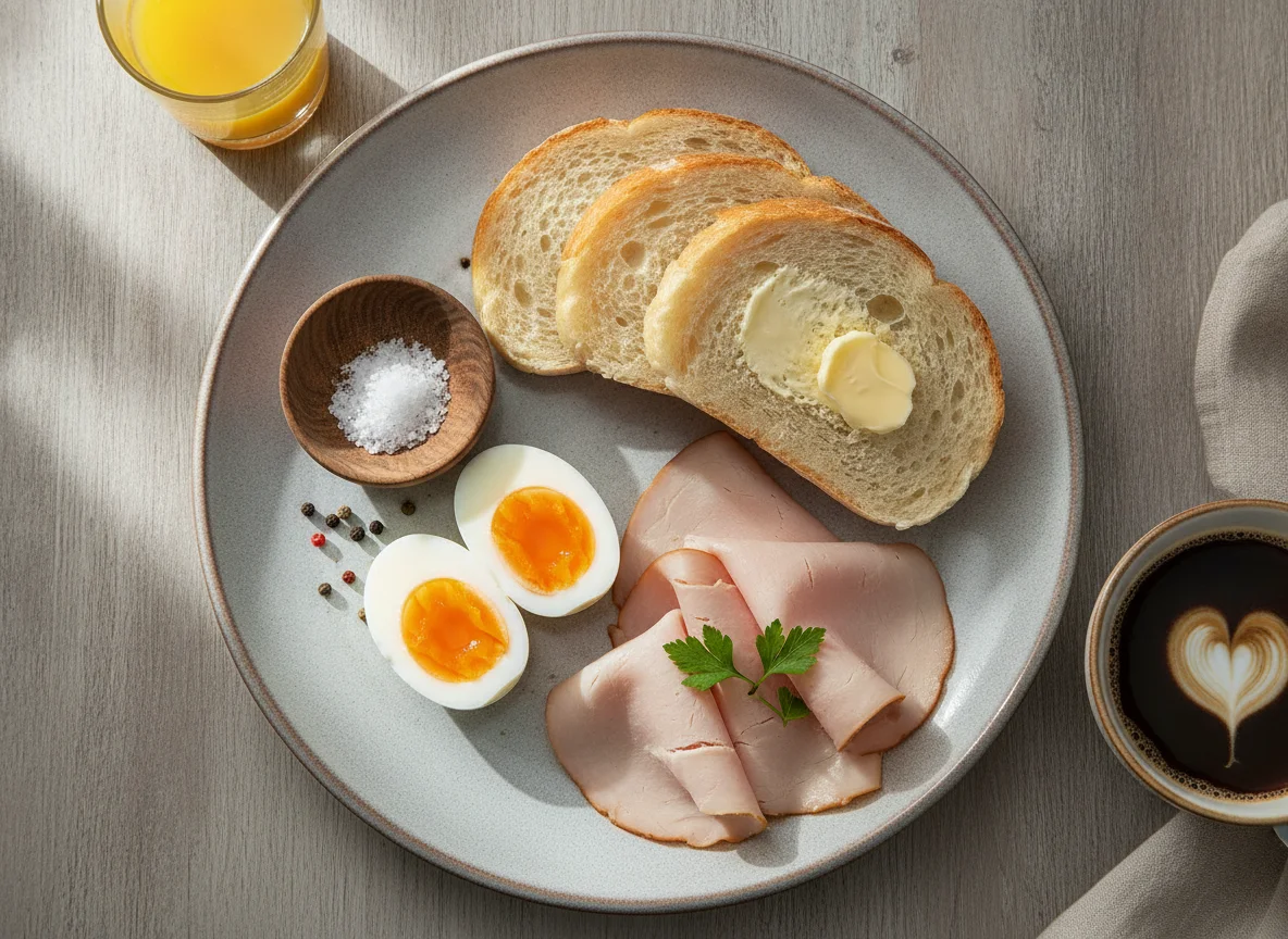 Frühstücksteller mit Ei, Brot und Putenbrust photo