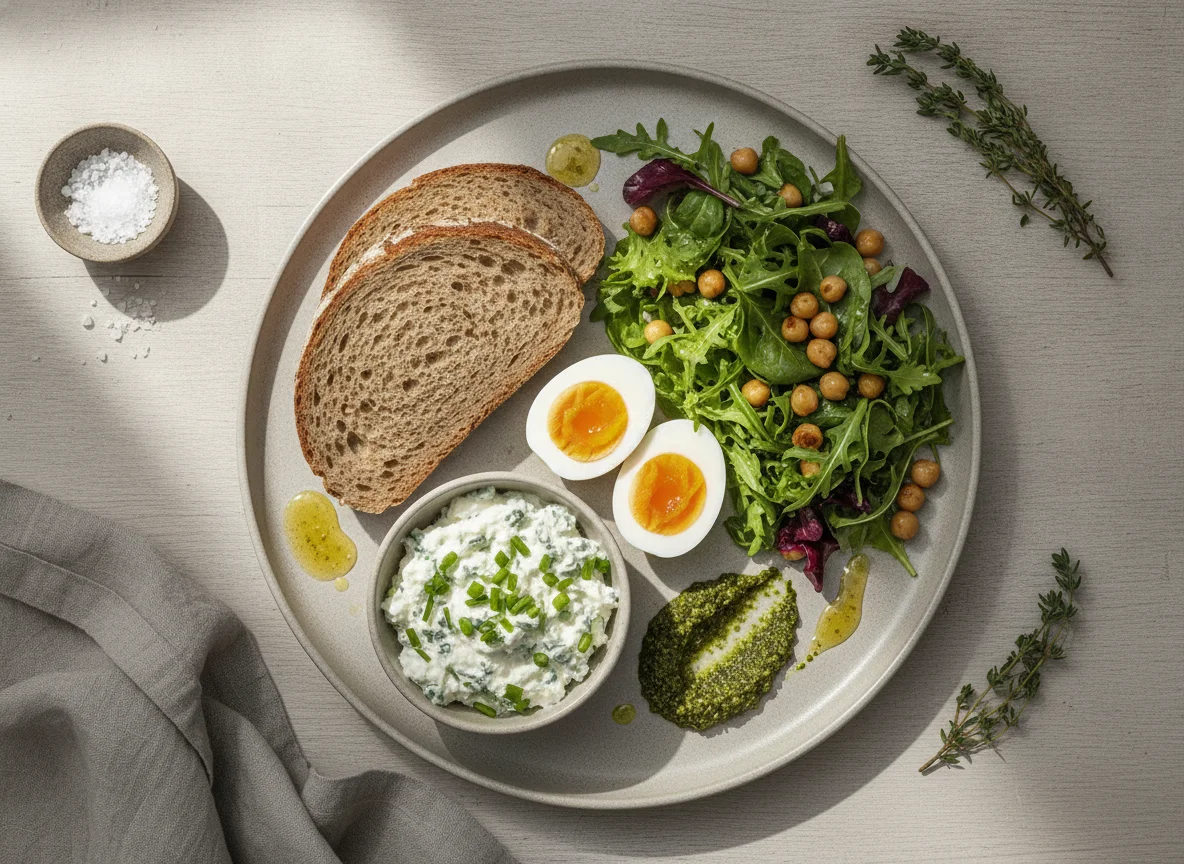 Frühstücksteller mit Ei, Brot und Salat photo