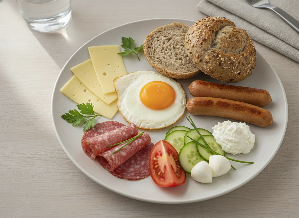Frühstücksteller mit Ei, Brötchen und Aufschnitt photo