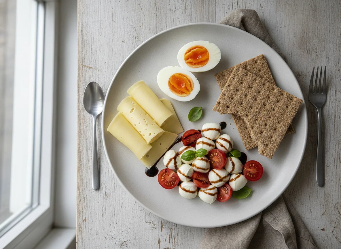 Frühstücksteller mit Ei, Caprese, Knäckebrot und Käse photo