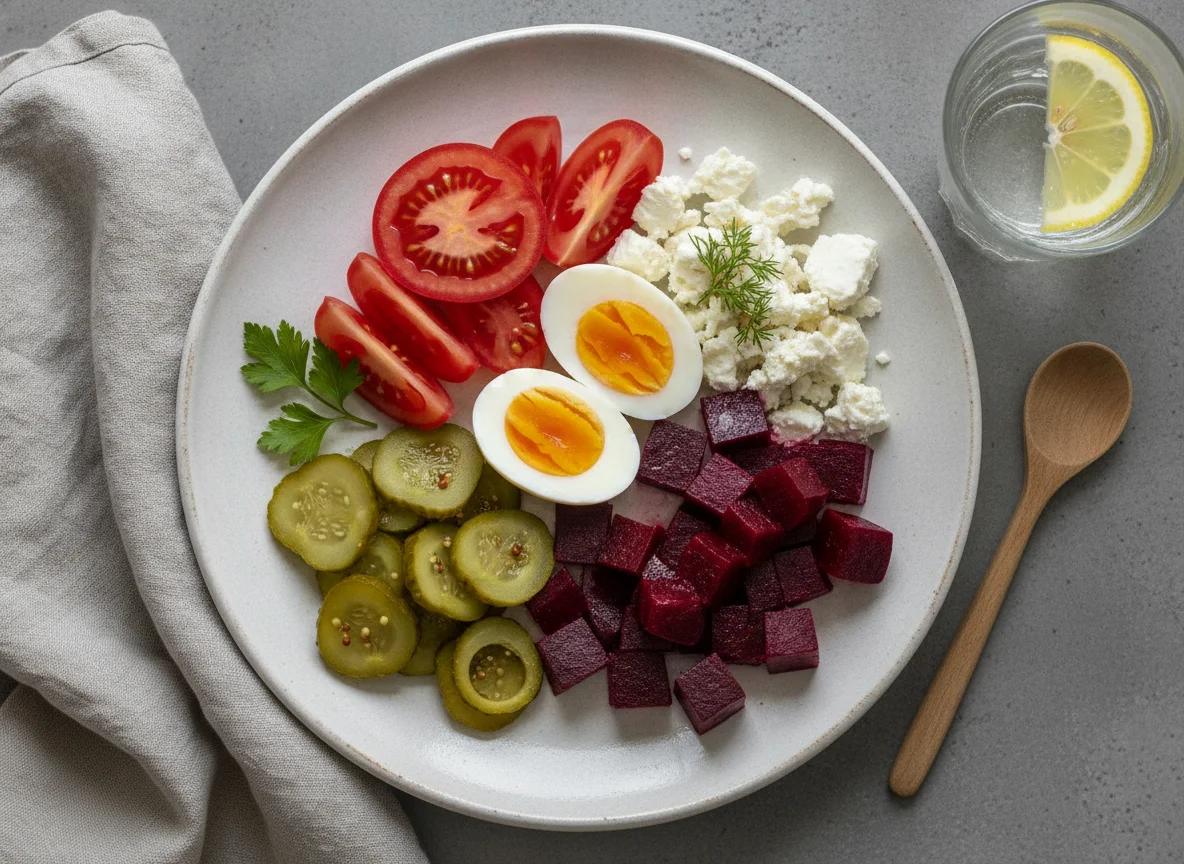 Frühstücksteller mit Ei, Feta und Gemüse photo