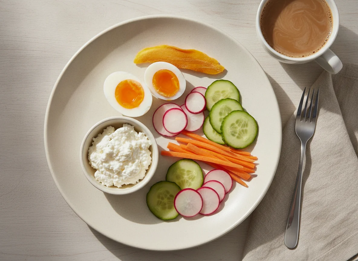 Frühstücksteller mit Ei, Gemüse und Kaffee photo