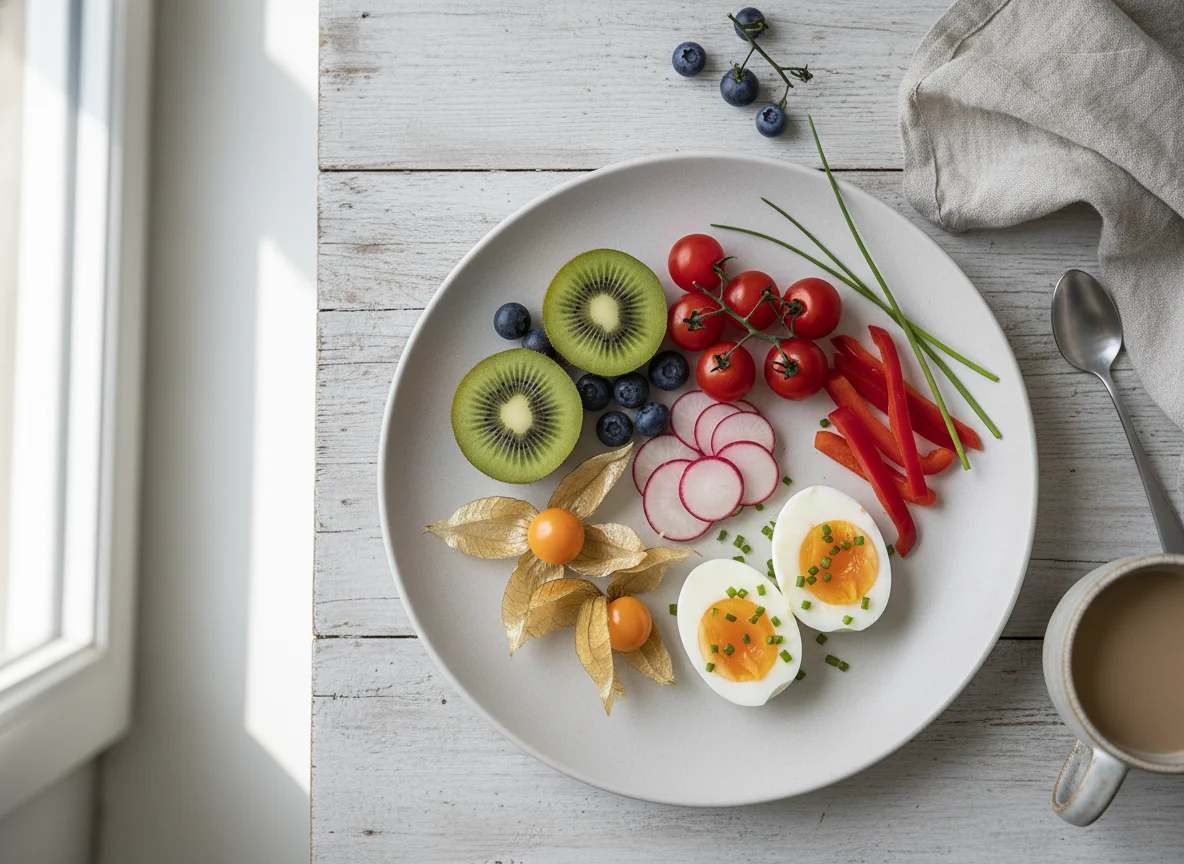 Frühstücksteller mit Ei, Gemüse und Obst photo