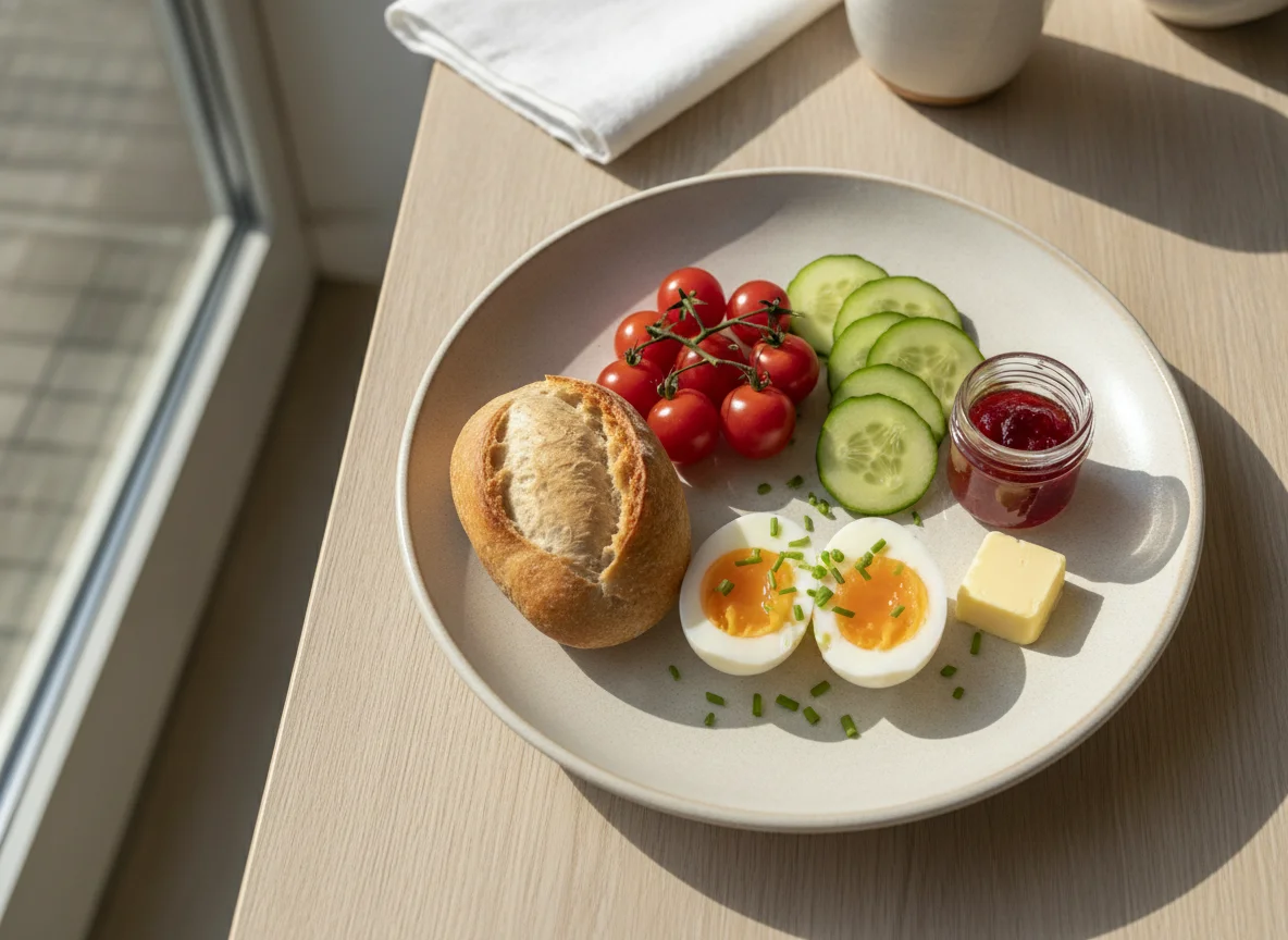 Frühstücksteller mit Ei, Gurke und Tomaten photo