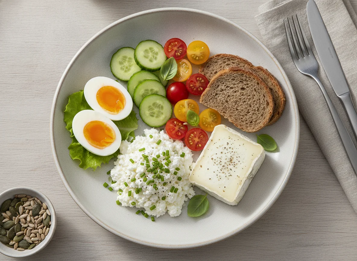 Frühstücksteller mit Ei, Hüttenkäse und Gemüse photo