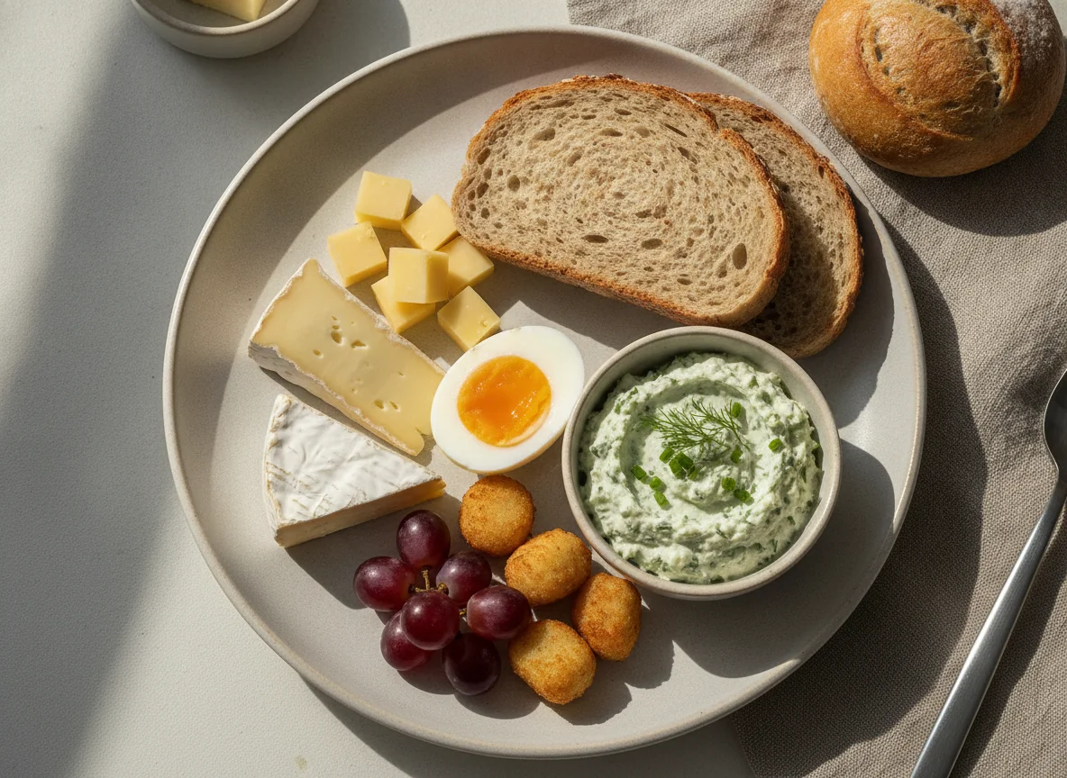 Frühstücksteller mit Ei, Käse und Brot photo
