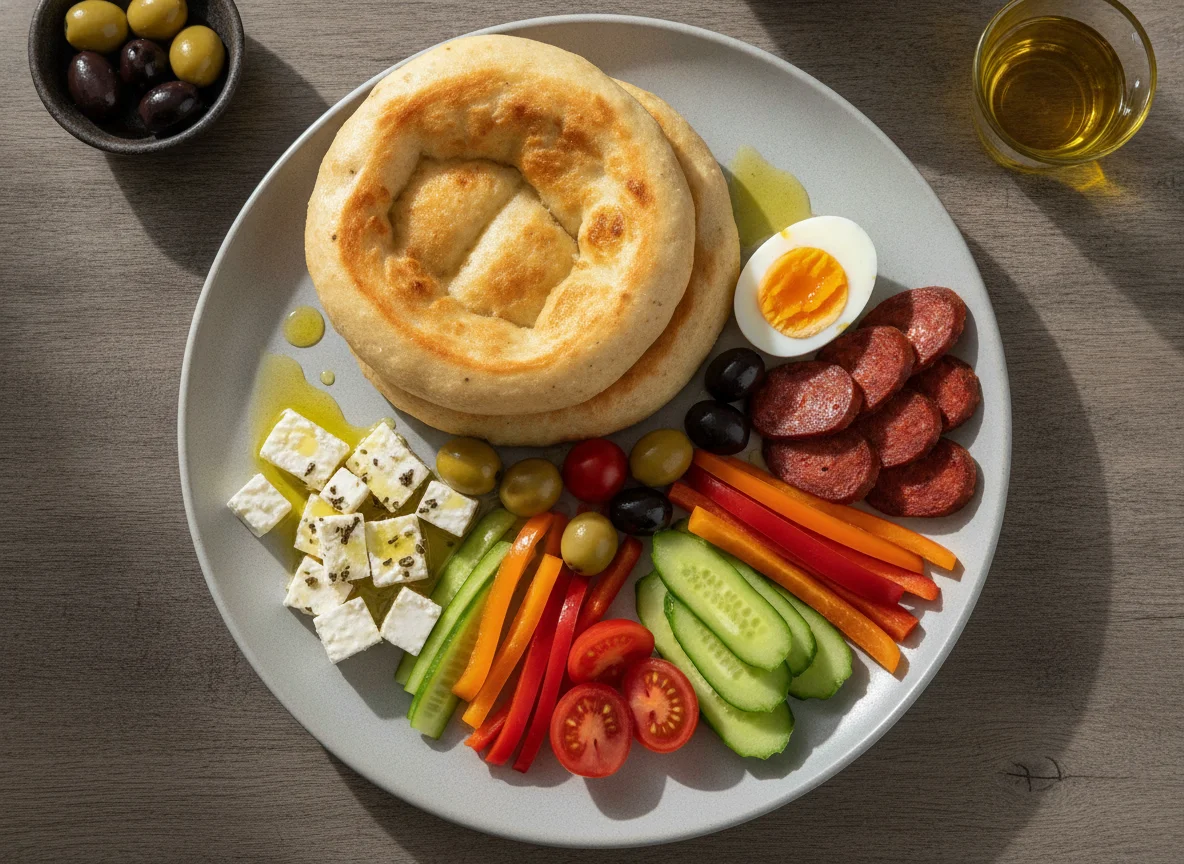 Frühstücksteller mit Ei, Käse und Oliven photo