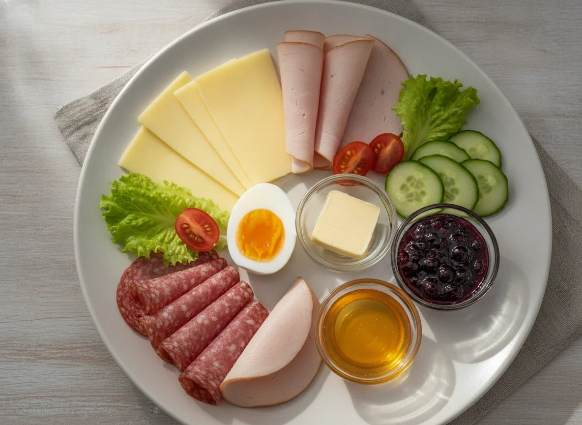 Frühstücksteller mit Ei, Käse und Wurst photo