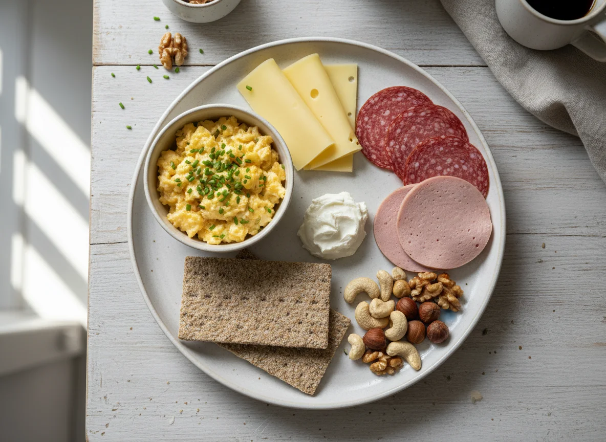 Frühstücksteller mit Ei, Käse, Wurst und Nüssen photo