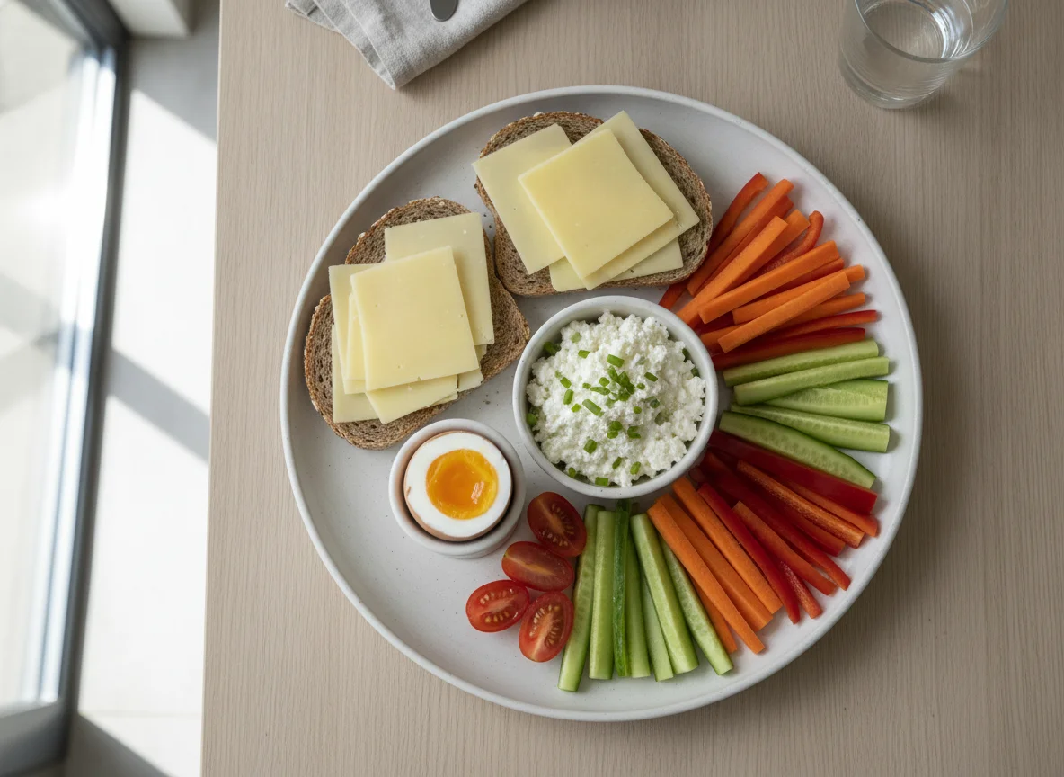 Frühstücksteller mit Ei, Käsebrot und Gemüse photo