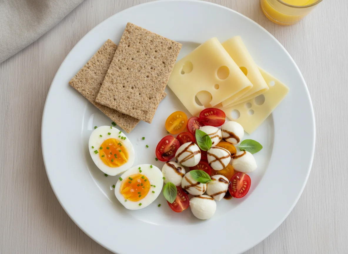 Frühstücksteller mit Ei, Knäckebrot, Käse und Tomate-Mozzarella photo