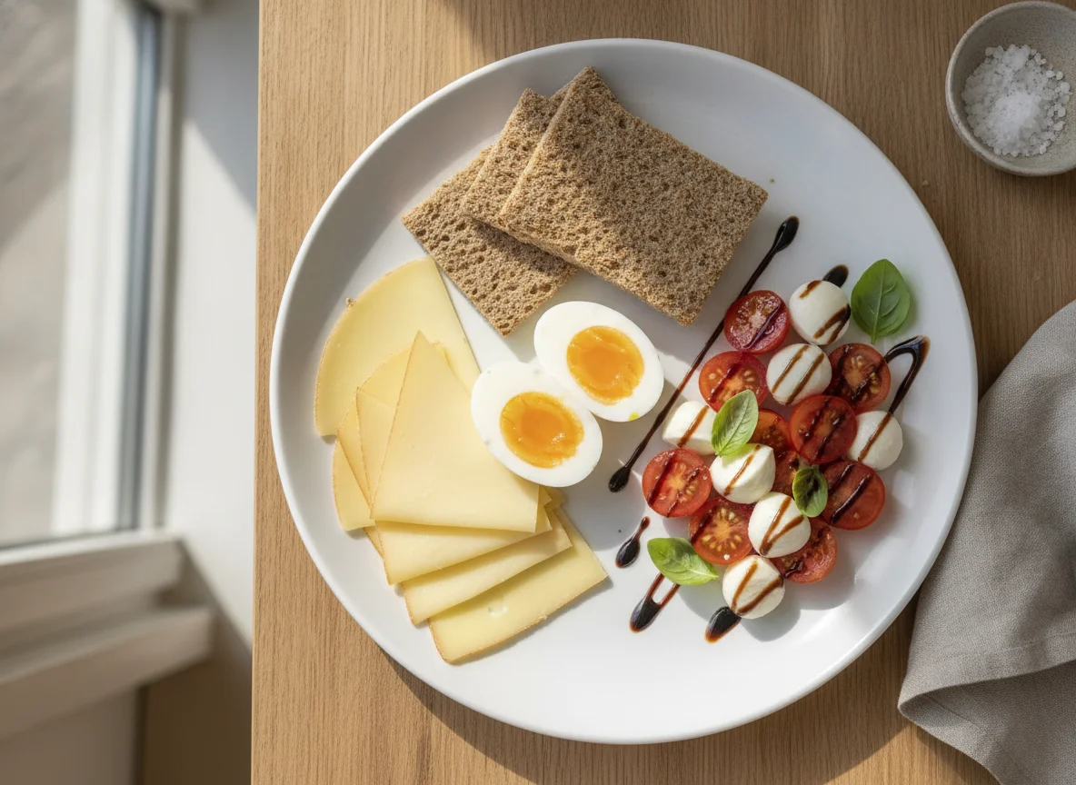 Frühstücksteller mit Ei, Knäckebrot, Käse und Tomaten-Mozzarella-Salat photo