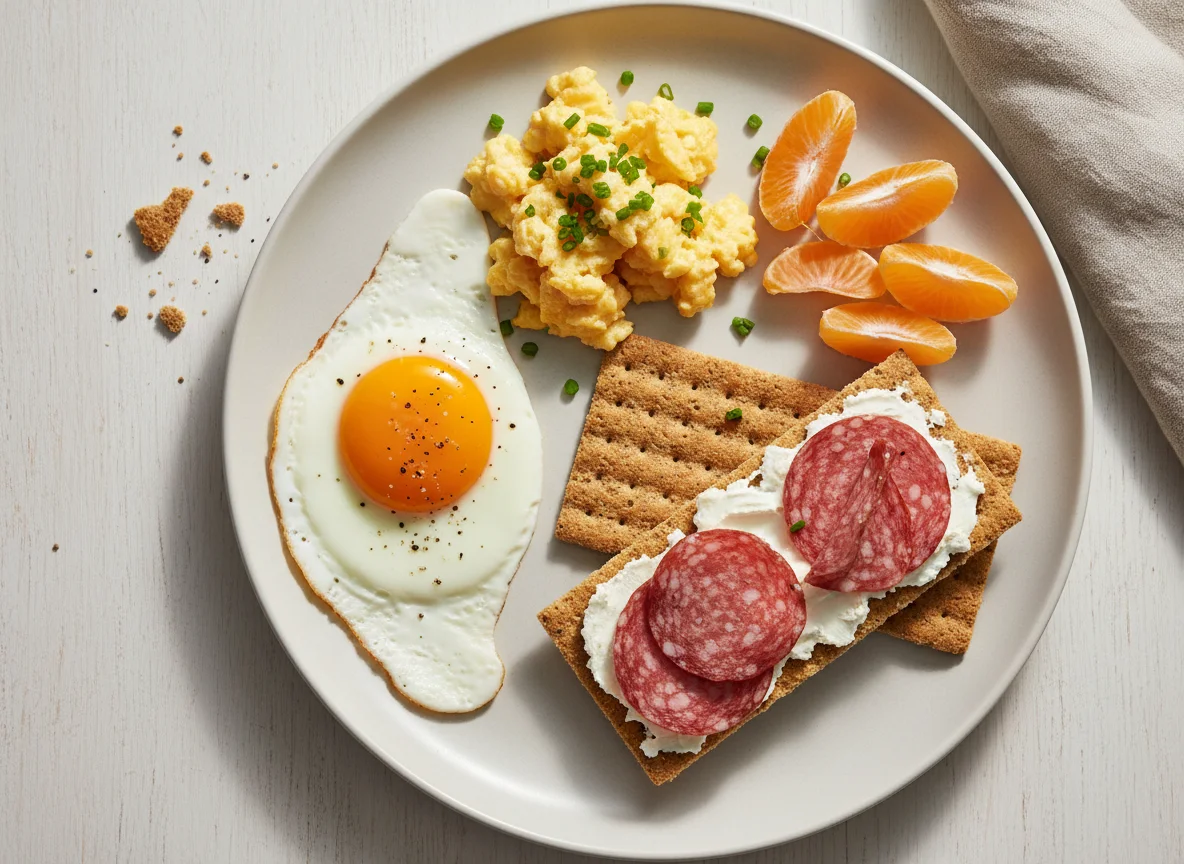 Frühstücksteller mit Ei, Knäckebrot und Mandarinen photo