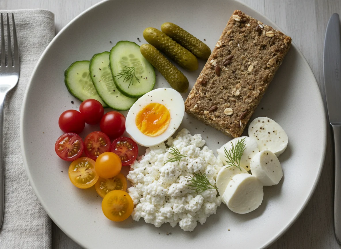Frühstücksteller mit Ei, Mozzarella und Gemüse photo
