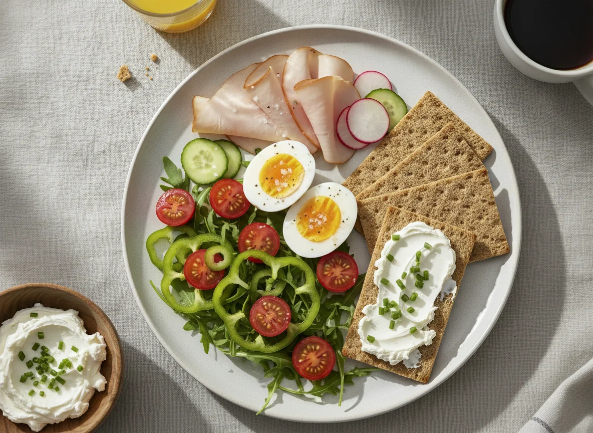 Frühstücksteller mit Ei, Putenbrust und Gemüse photo