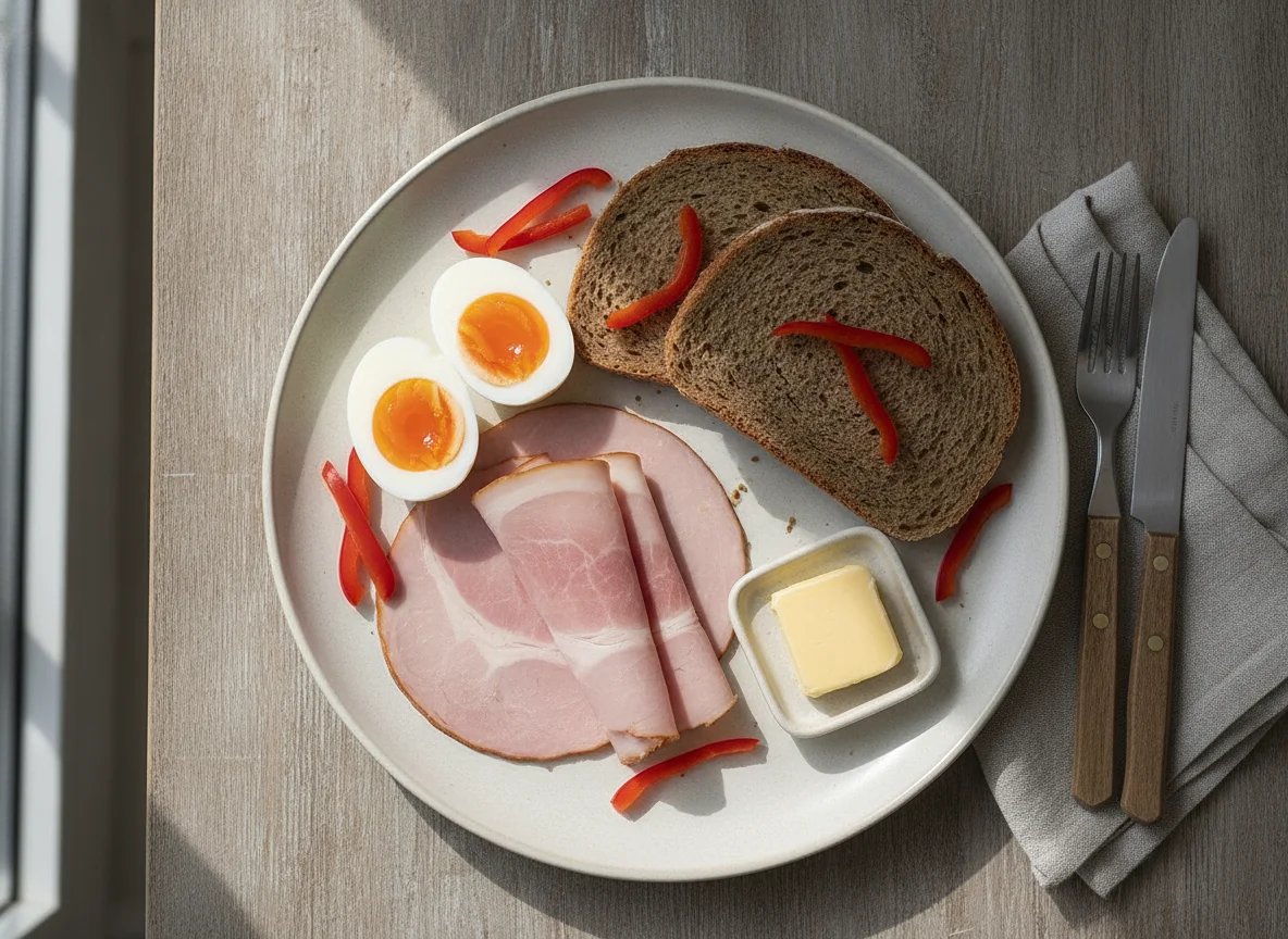Frühstücksteller mit Ei, Schinken und Brot photo