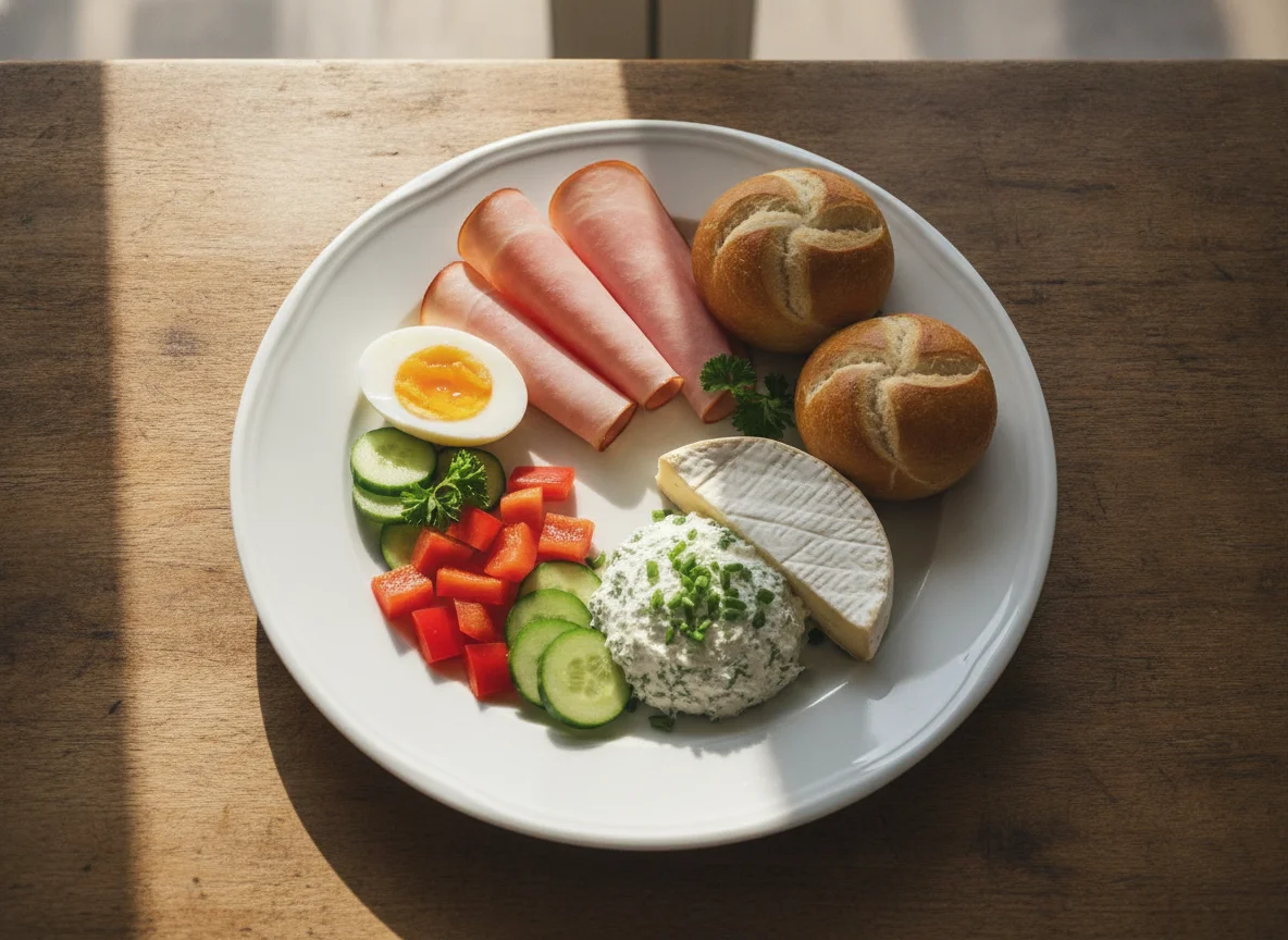 Frühstücksteller mit Ei, Schinken und Gemüse photo