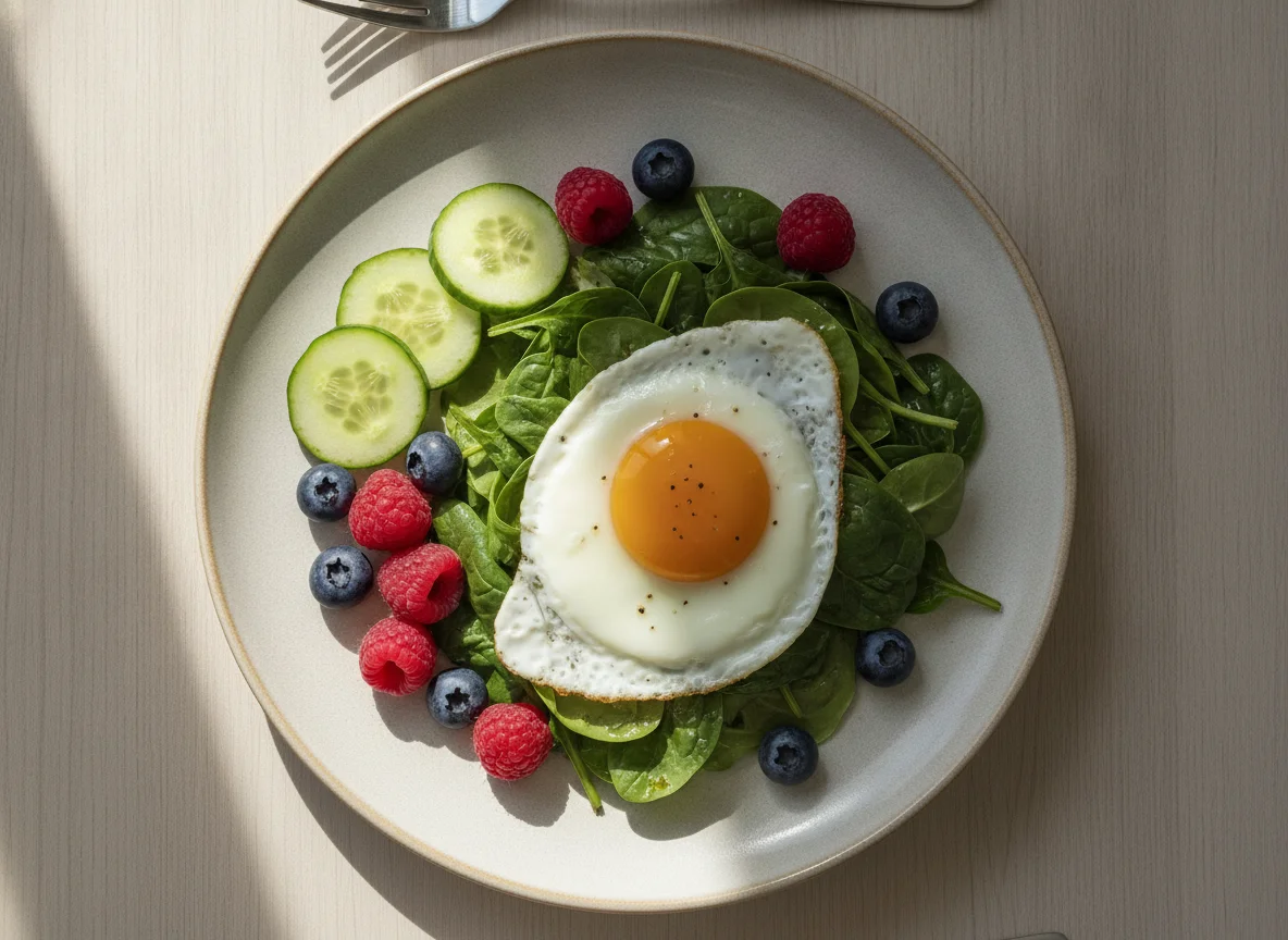 Frühstücksteller mit Ei, Spinat und Beeren photo