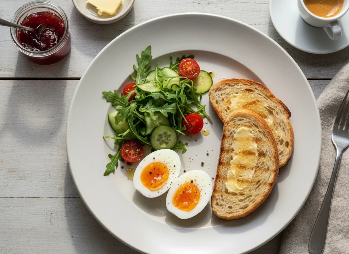 Frühstücksteller mit Ei, Toast und Salat photo