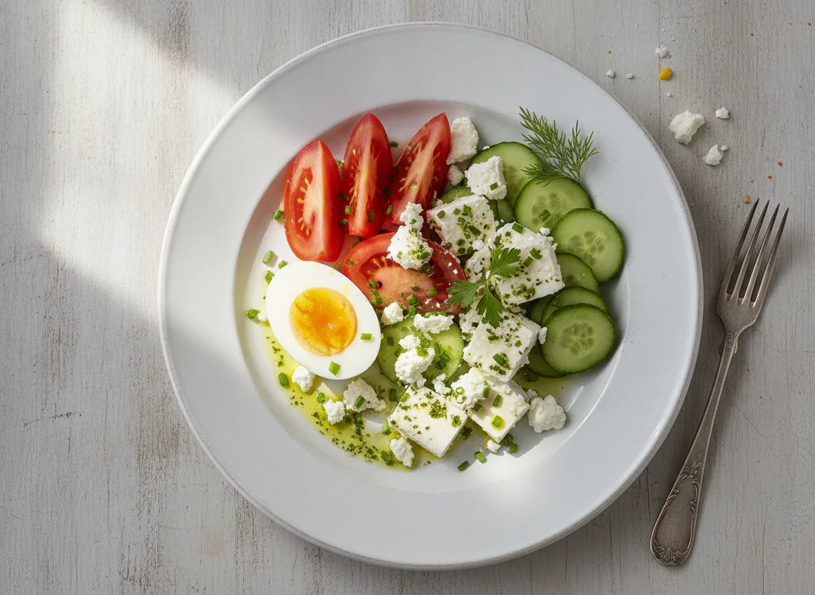 Frühstücksteller mit Ei, Tomate, Gurke und Feta photo