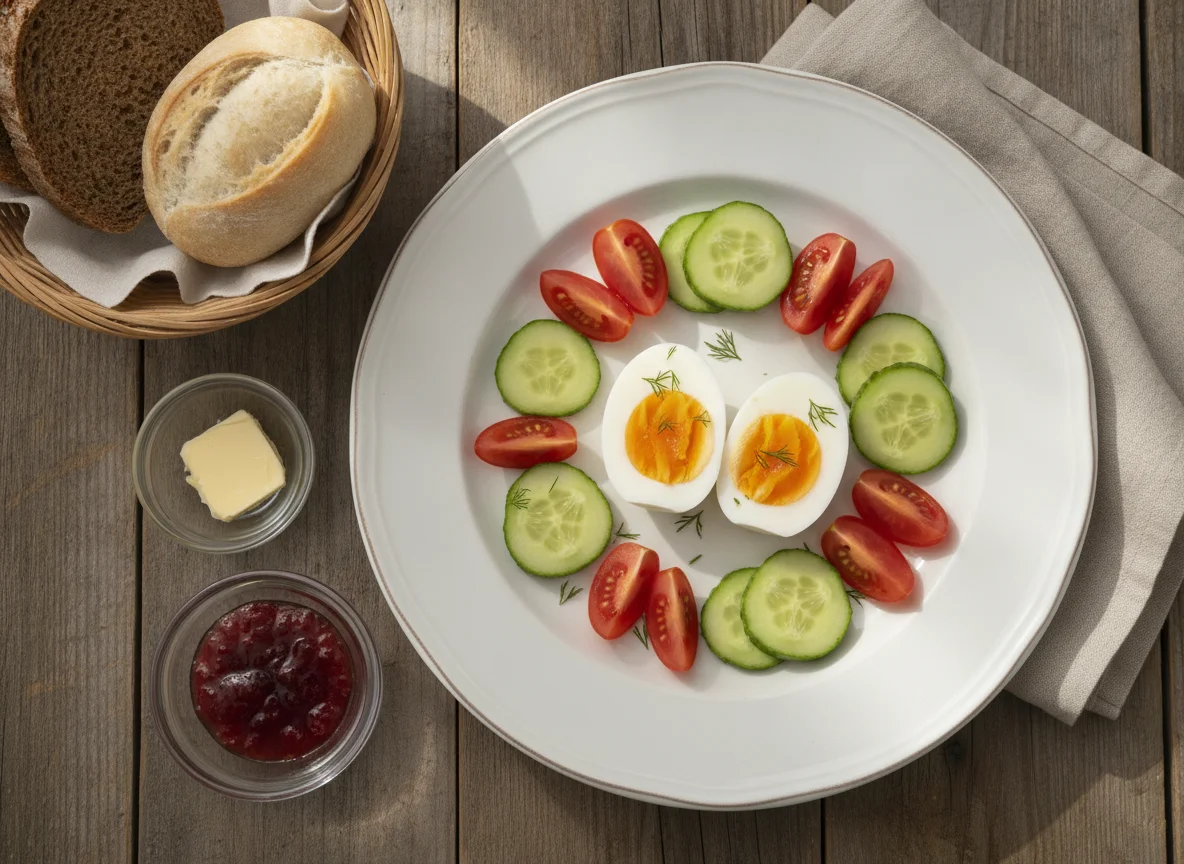 Frühstücksteller mit Ei, Tomaten und Gurken photo