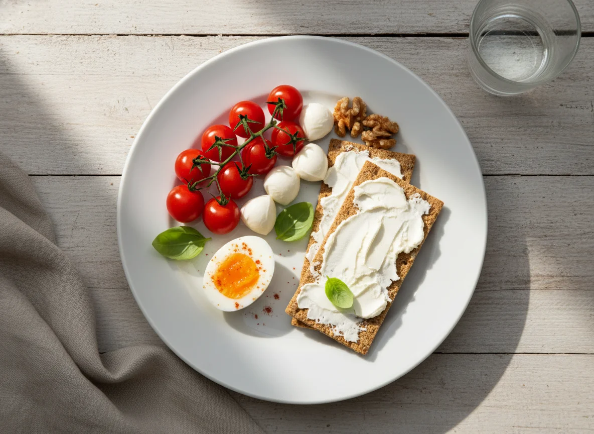 Frühstücksteller mit Ei, Tomaten und Knäckebrot photo