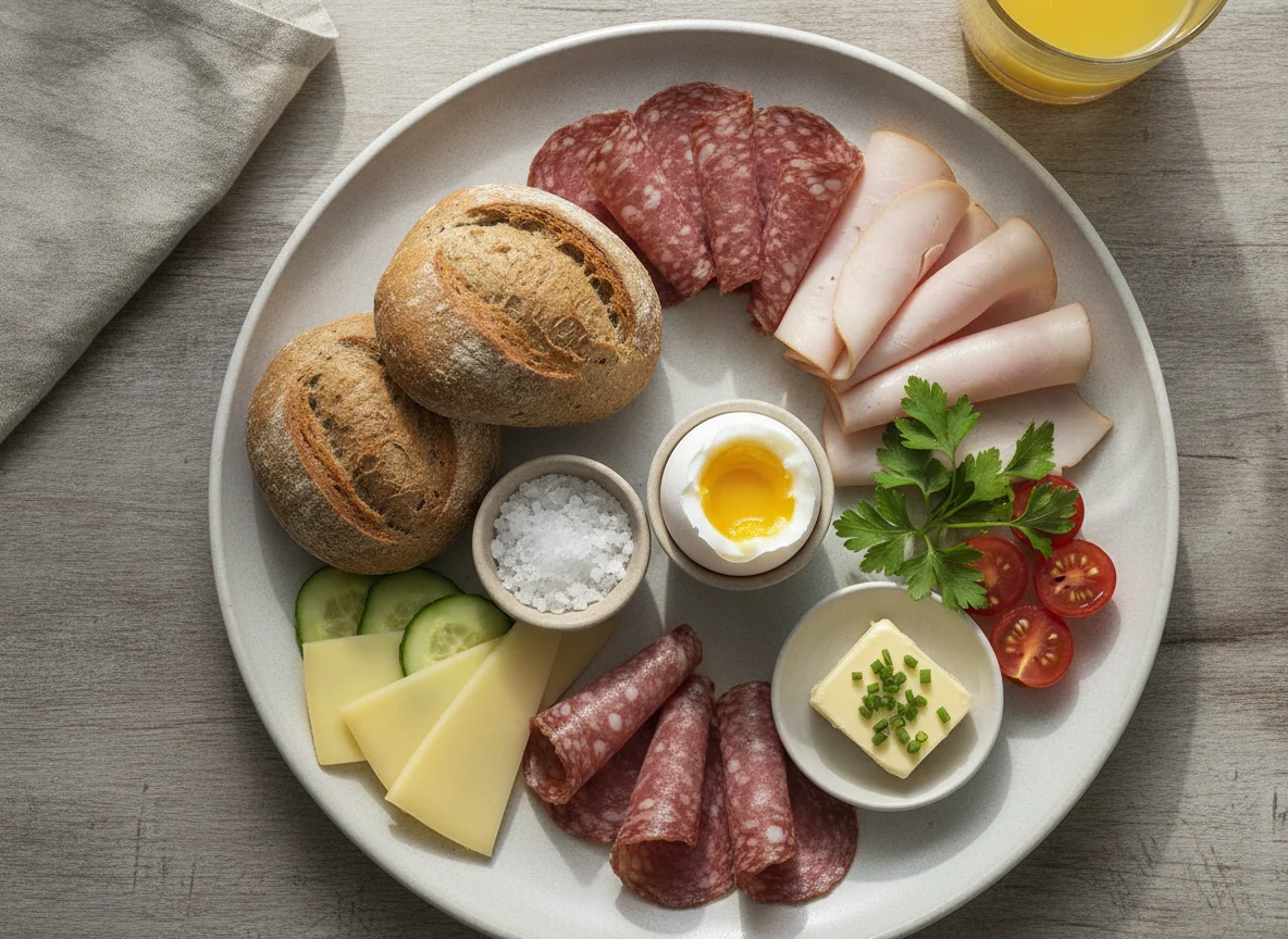 Frühstücksteller mit Ei und Aufschnitt photo