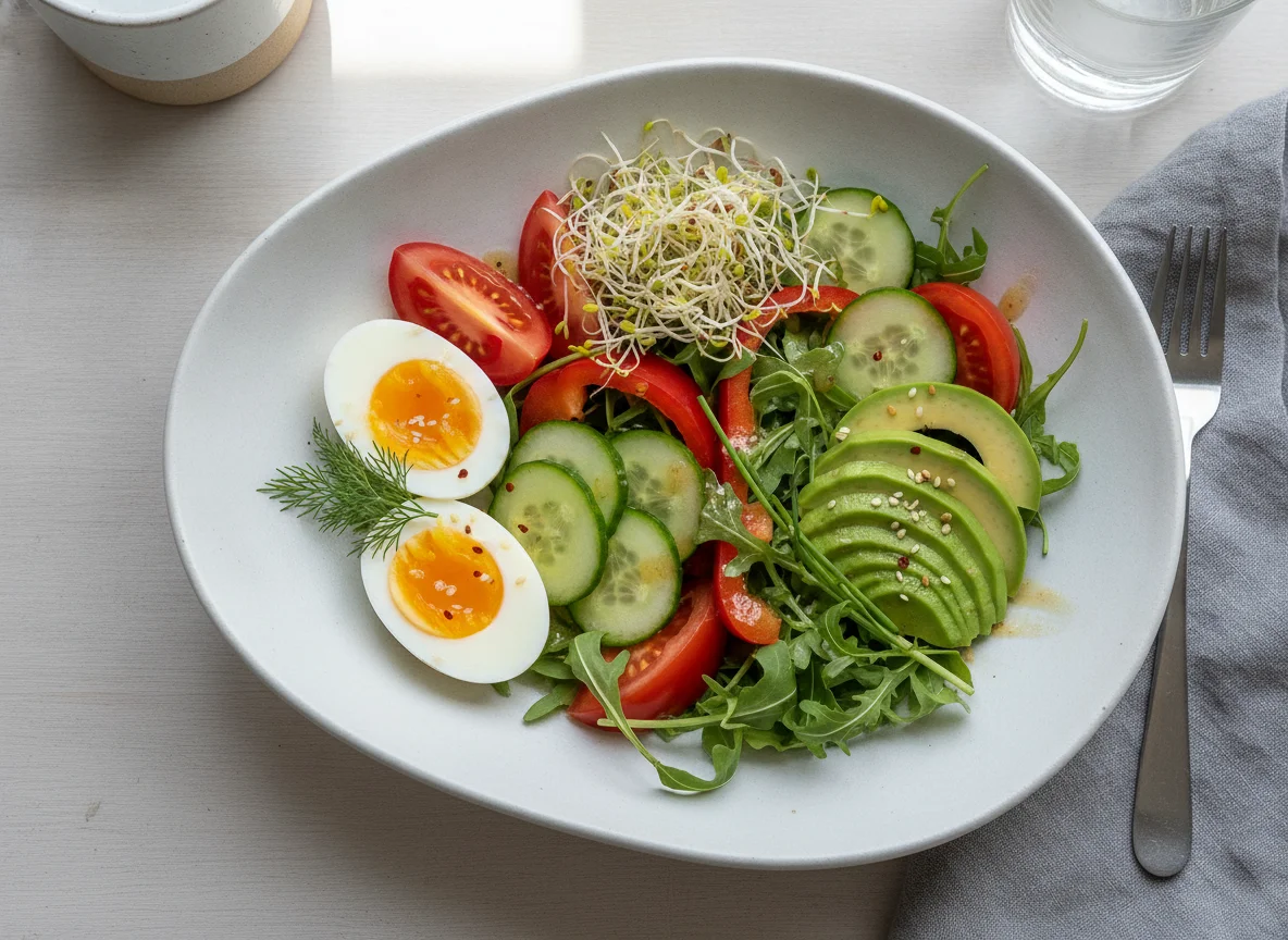 Frühstücksteller mit Ei und Avocado photo
