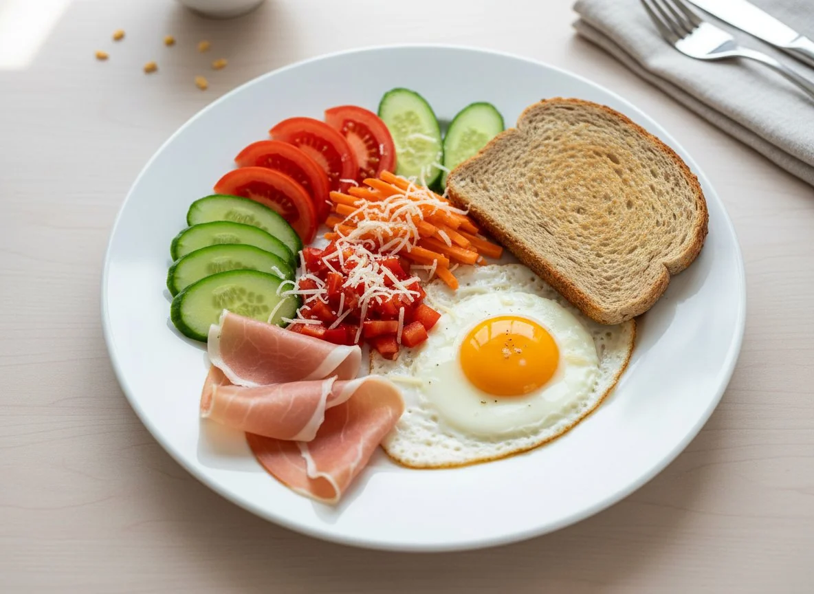 Frühstücksteller mit Ei und Gemüse photo