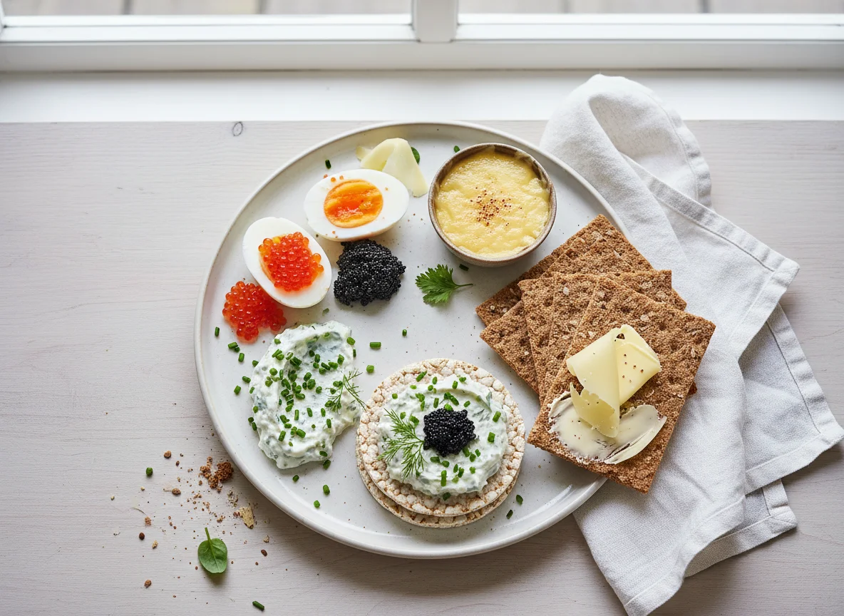 Frühstücksteller mit Ei und Kaviar photo