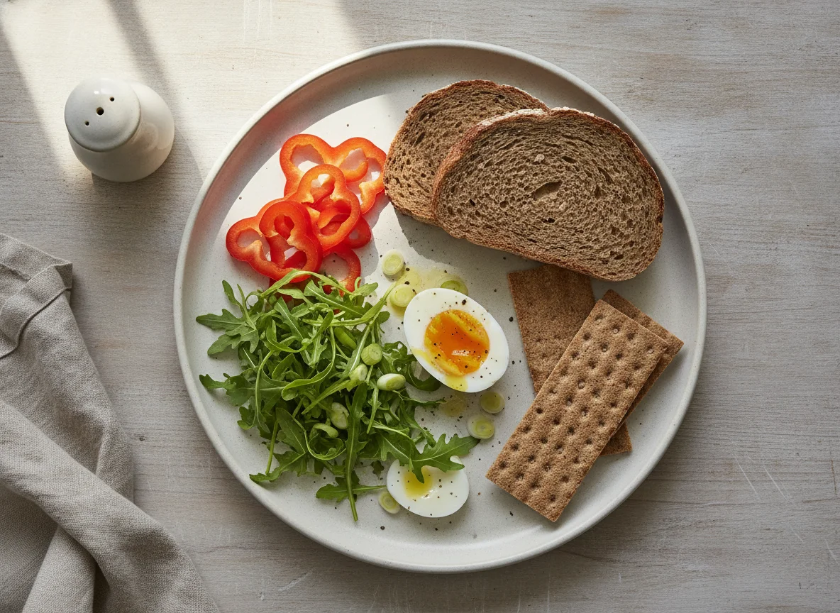 Frühstücksteller mit Ei, Vollkornbrot und Gemüse photo