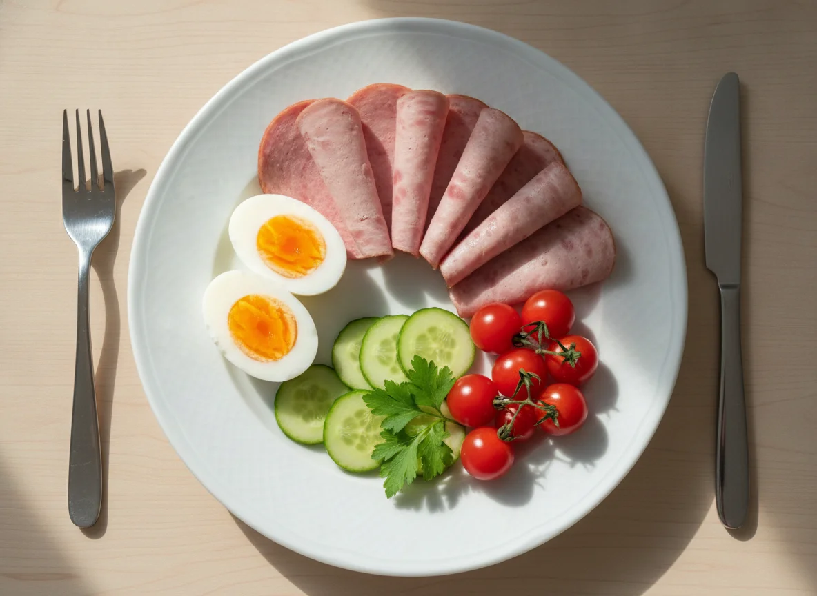Frühstücksteller mit Ei, Wurst und Gemüse photo