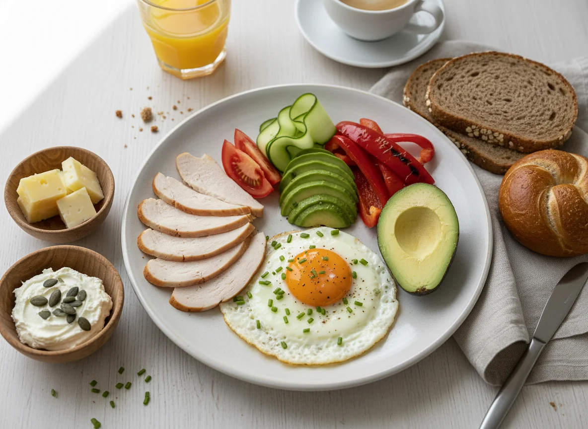 Frühstücksteller mit Eiern, Aufschnitt und Gemüse photo