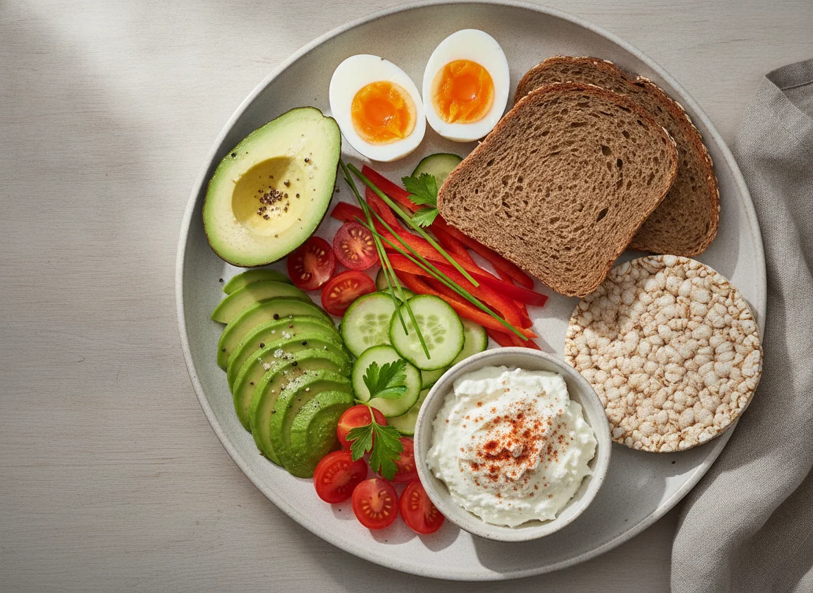 Frühstücksteller mit Eiern, Avocado und Gemüse photo
