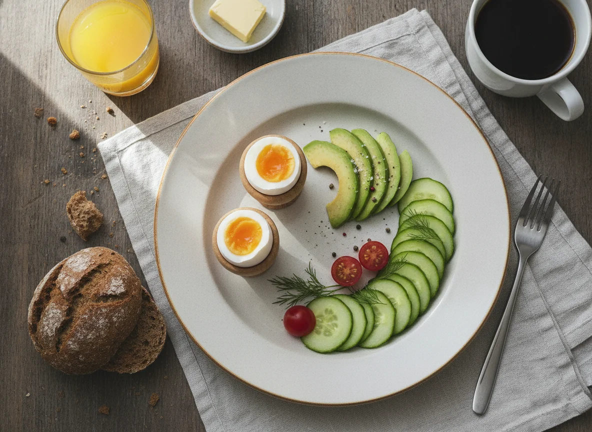 Frühstücksteller mit Eiern, Avocado und Gurke photo